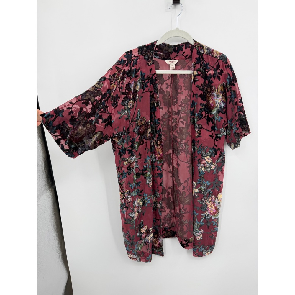 Arizona Jean Co Kimono Cardigan sz M/L Maroon Velvet Burnout Floral‎ Open Front